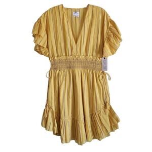SAYLOR Women M Adrianne Dress Yellow Gold Metallic Mini Ruffle Smocked Waist
